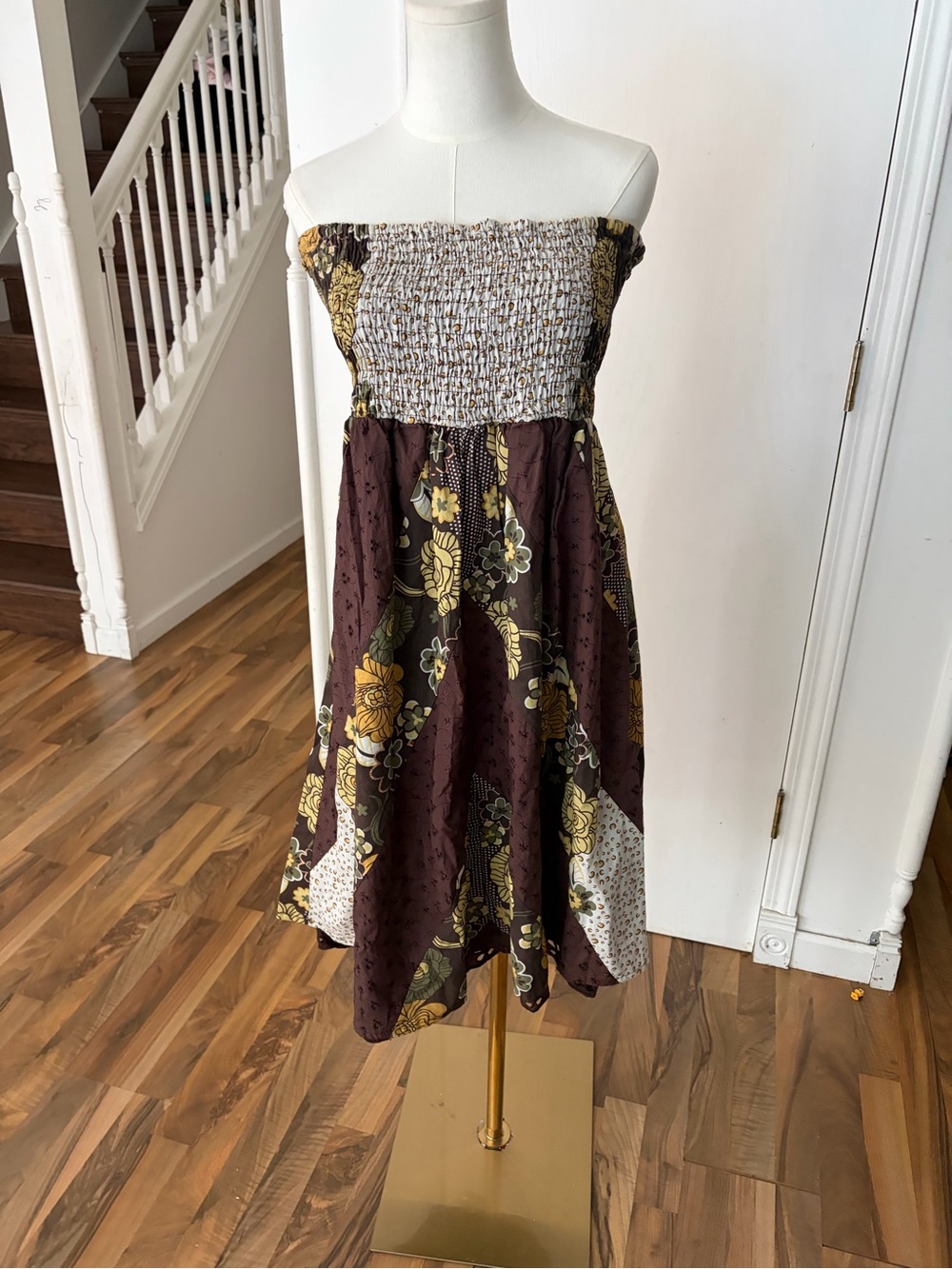 American Vintage Strapless Patchwork Midi Dress in Brown and Yellow